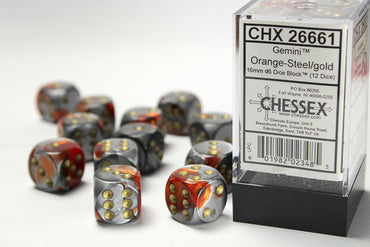 Chessex Dice Sets: Gemini # 7 16mm d6 Orange-Steel/gold (12)