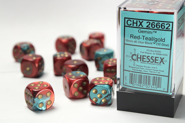 Chessex Dice Sets: Gemini # 7 16mm d6 Red-Teal/gold (12)