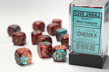 Chessex Dice Sets: Gemini # 7 16mm d6 Red-Teal/gold (12)