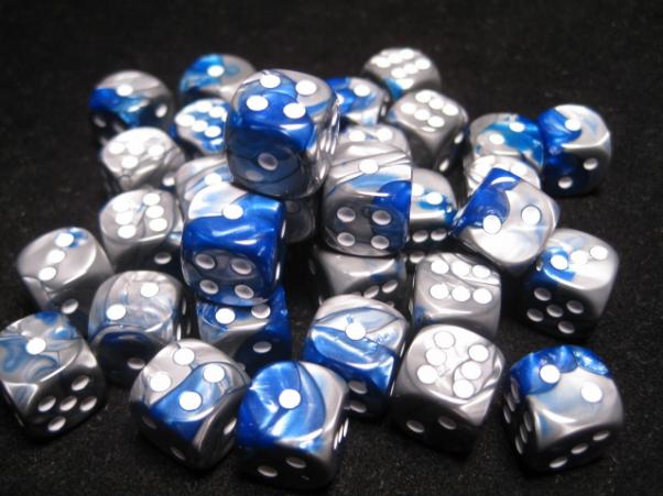 Chessex Dice Sets: Blue-Steel/White Gemini 12mm d6 (36)