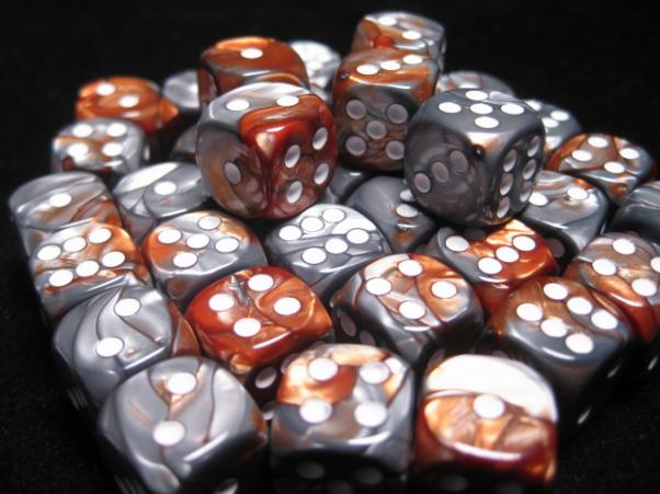 Chessex Dice Sets: Copper-Steel/White Gemini 12mm d6 (36)