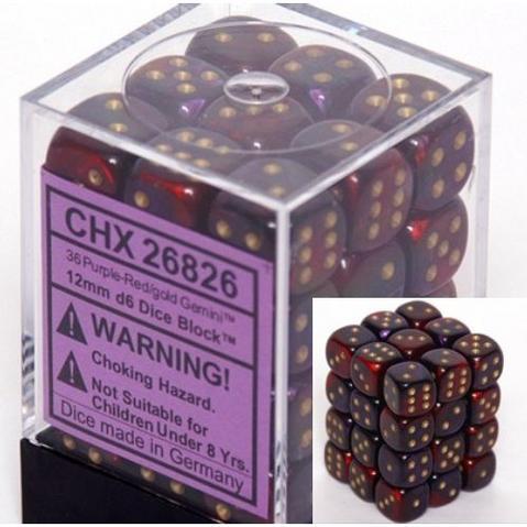 Chessex Dice Sets: Purple-Red/Gold Gemini 12mm d6 (36)