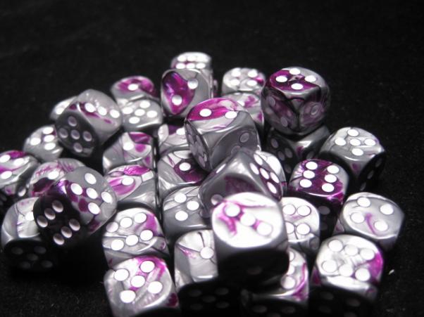 Chessex Dice Sets: Purple-Steel/White Gemini 12mm d6 (36)