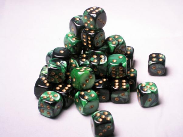 Chessex Dice Sets - Gemini 4: 12mm D6 Black Green/gold (36)