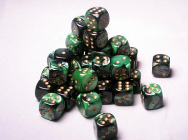 Chessex Dice Sets - Gemini 4: 12mm D6 Black Green/gold (36)