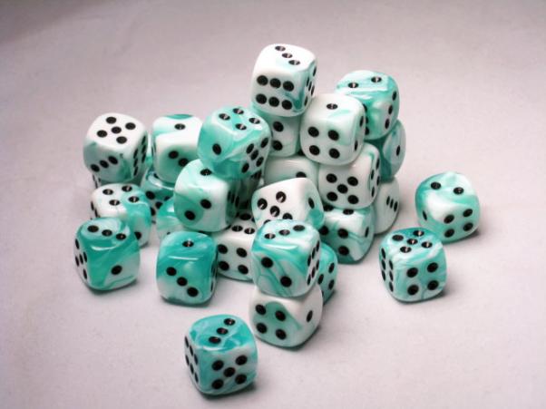 Chessex Dice Sets: Gemini 4 12mm D6 White Teal/black (36)