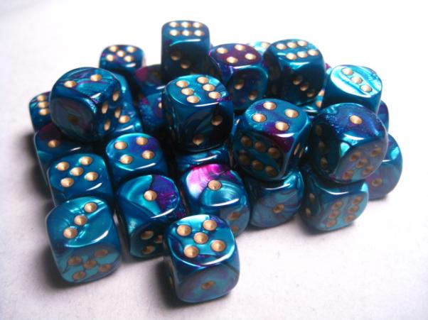 Chessex Dice Sets: Gemini # 5 12mm d6 Purple-Teal/Gold (36)