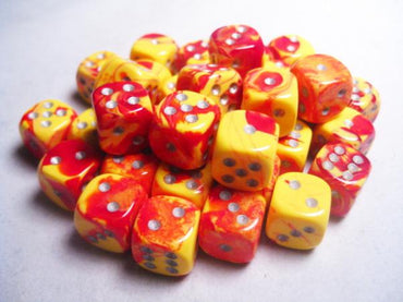 Chessex Dice Sets: Gemini # 5 12mm d6 Red Yellow/Silver (36)