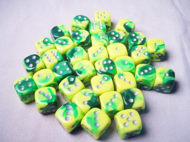 Chessex Dice Sets: Gemini # 6 12mm d6 Green-Yellow/Silver (36)