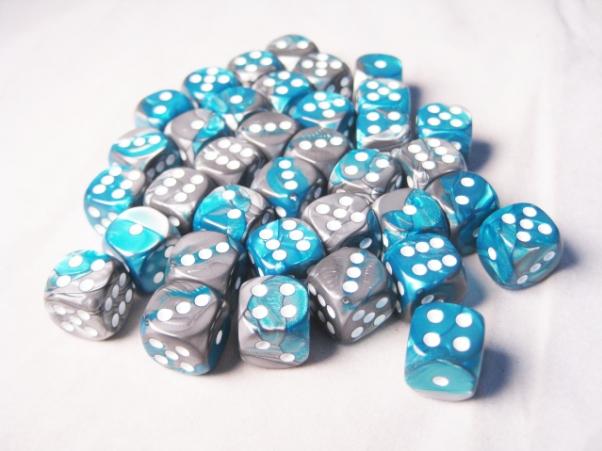 Chessex Dice Sets: Gemini # 6 12mm d6 Steel-Teal/White (36)
