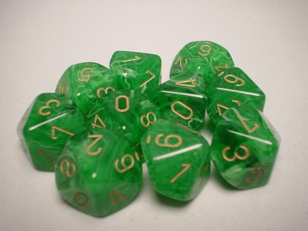 Chessex Dice Sets: Green/Gold Vortex d10 Set (10)