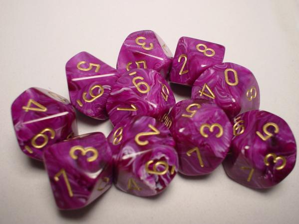 Chessex Dice Sets: Purple/Gold Vortex d10 Set (10)