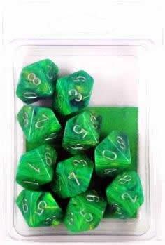 Chessex Dice Sets: Green/Silver Velvet d10 Set (10)