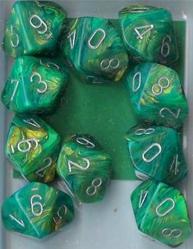 Chessex Dice Sets: Green/Gold Lustrous d10 Set (10)