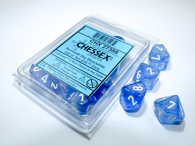 Borealis Sky Blue/white Luminary Set of Ten d10s