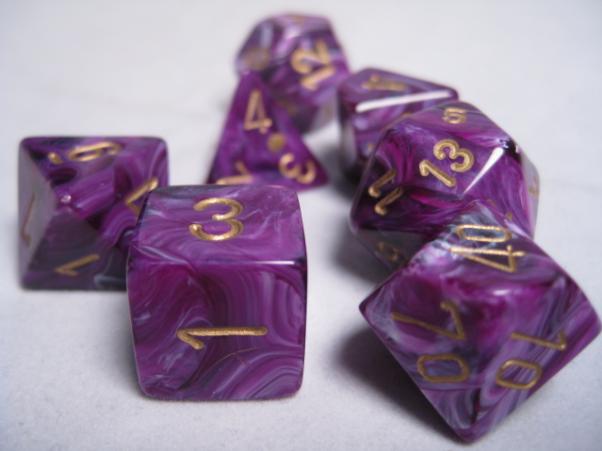 Chessex Dice Sets: Purple/Gold Vortex Polyhedral 7-Die Set