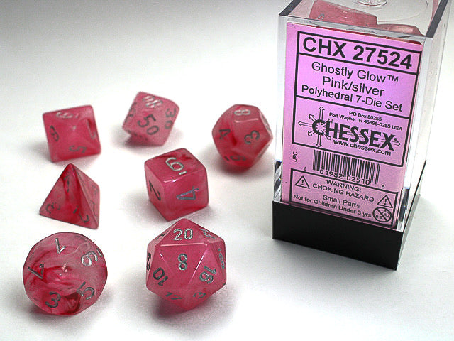 Chessex: Ghostly Glow Polyhedral Pink/silver 7-Die Set