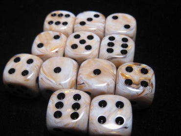 Chessex Dice Sets: Ivory/Black Marbleized 16mm d6 (12)