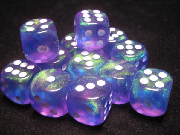 Chessex Dice Sets: Purple/White Borealis 16mm d6 (12)