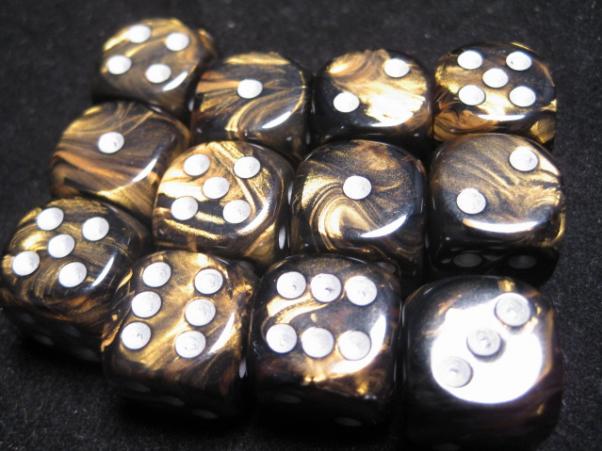Chessex Dice Sets: Black-Gold/Silver Leaf 16mm d6 (12)