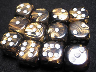 Chessex Dice Sets: Black-Gold/Silver Leaf 16mm d6 (12)