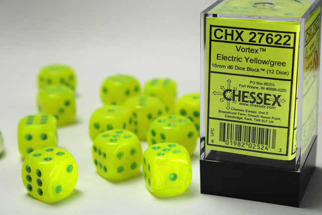 Chessex Dice Sets: Menagerie Electric Yellow/Green Vortex 16mm d6 (12)