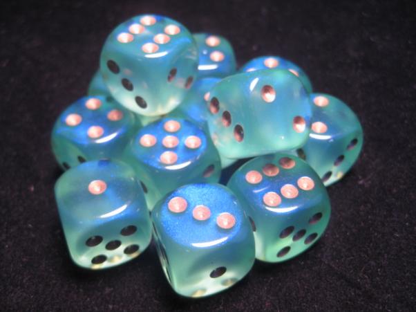 Chessex Dice Sets: Light Green/Gold Borealis 16mm d6 (12)