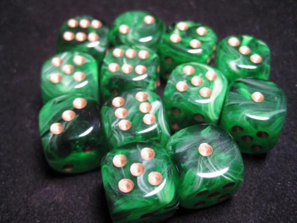 Chessex Dice Sets: Green/Gold Vortex 16mm d6 (12)