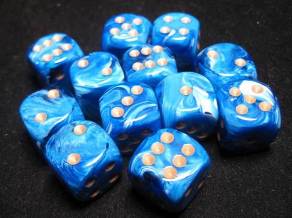 Chessex Dice Sets: Blue/Gold Vortex 16mm d6 (12)