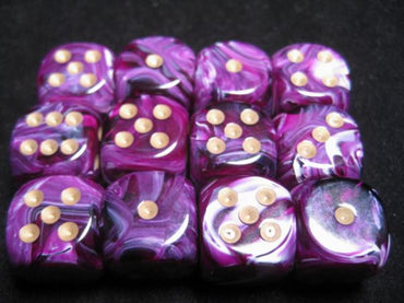 Chessex Dice Sets: Purple/Gold Vortex 16mm d6 (12)