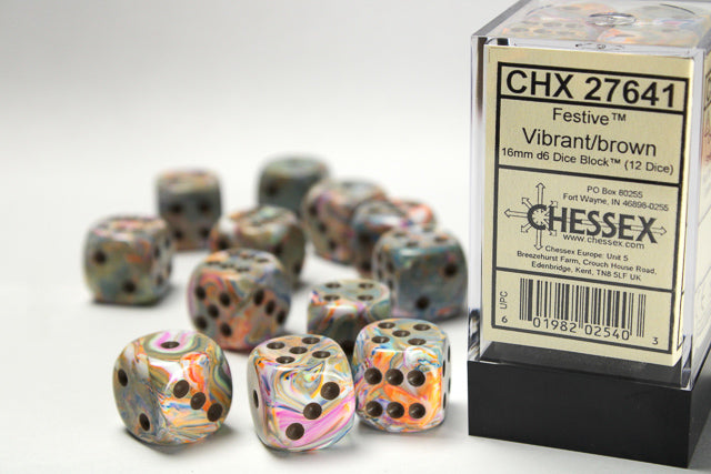 Chessex Dice Sets: Menagerie Vibrant/Brown Festive 16mm d6 (12)