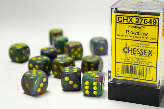 Chessex Dice Sets: Menagerie Rio/Yellow Festive 16mm d6 (12)