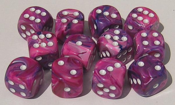 Chessex Dice Sets: Violet/White Festive 16mm d6 (12)