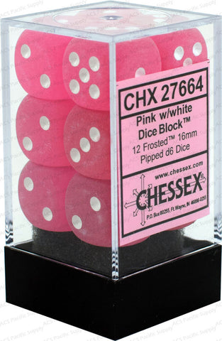 Chessex Dice Sets: Pink/White Frosted 16mm D6 12-Die Set