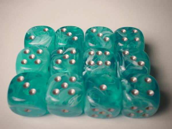 Chessex Dice Sets: Aqua/Silver Cirrus 16mm d6 (12)