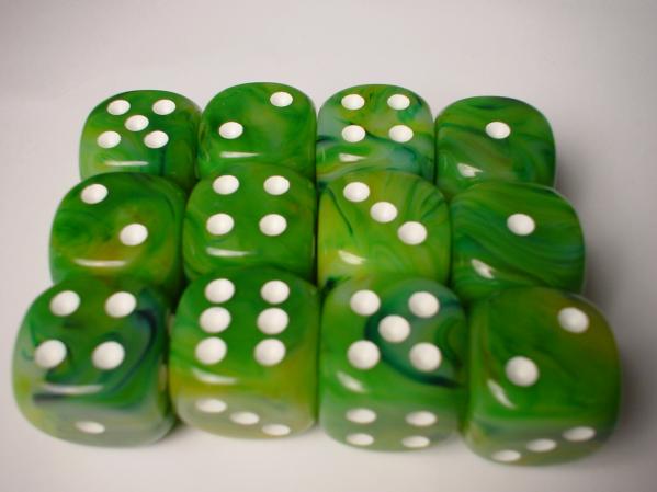 Chessex Dice Sets: Green/White Phantom 16mm d6 (12)