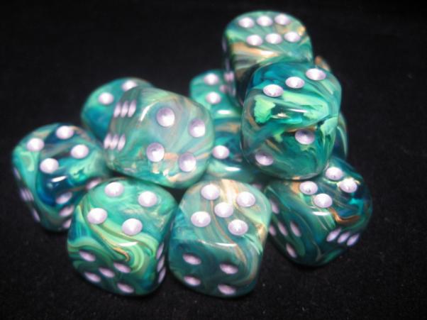 Chessex Dice Sets: Green/Gold Lustrous 16mm d6 (12)