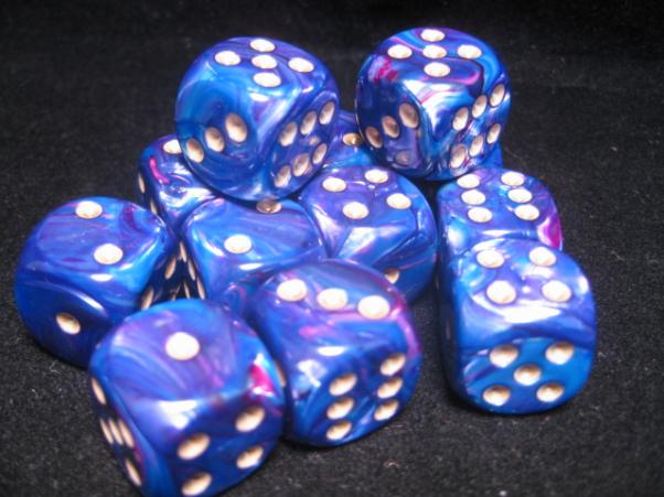 Chessex Dice Sets: Purple/Gold Lustrous 16mm d6 (12)