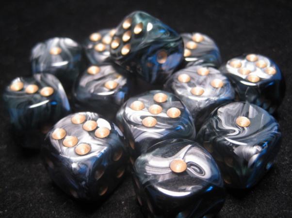 Chessex Dice Sets: Black/Gold Lustrous 16mm d6 (12)