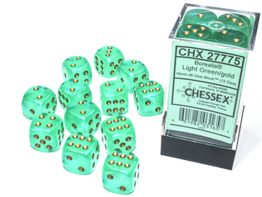 Borealis 16mm d6 Light Green/gold Luminary Dice Block (12 dice)