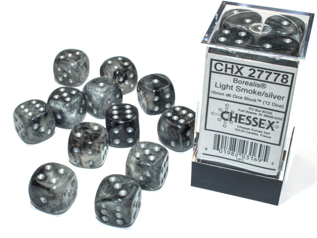 Borealis 16mm d6 Light Smoke/silver Luminary Dice Block (12 dice)