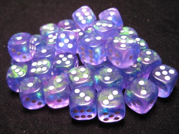 Chessex Dice Sets: Purple/White Borealis 12mm d6 (36)