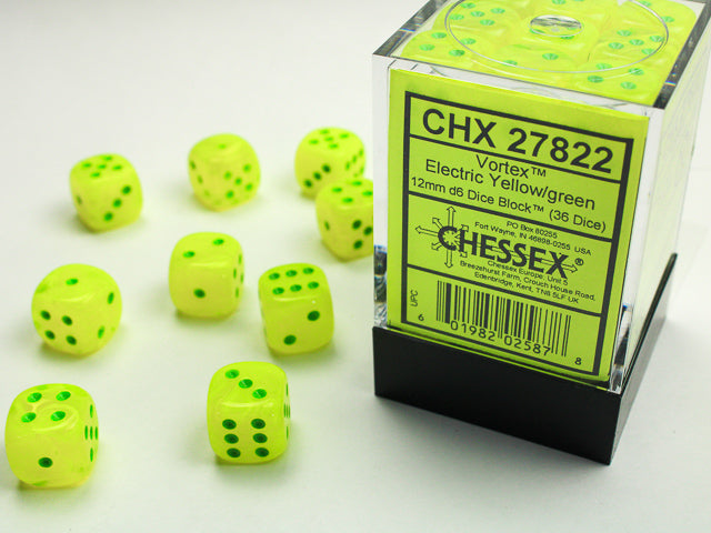 Chessex Dice Sets: Menagerie Electric Yellow/Green Vortex 12mm d6 (36)