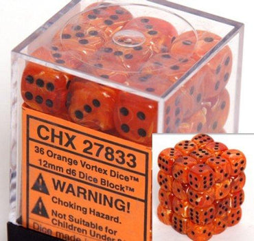 Chessex Dice Sets: Orange/Black Vortex 12mm d6 (36)