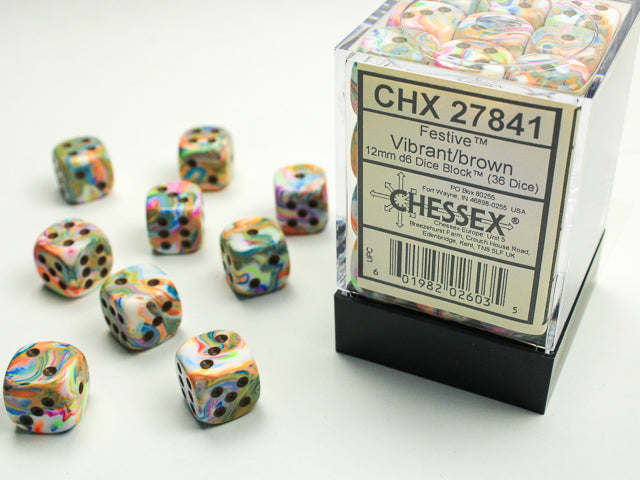 Chessex Dice Sets: Menagerie Vibrant/Brown Festive 12mm d6 (36)