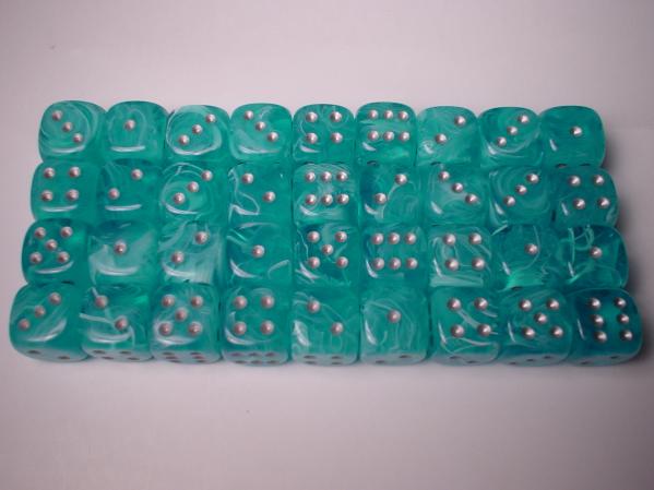 Chessex Dice Sets: Aqua/Silver Cirrus 12mm d6 (36)