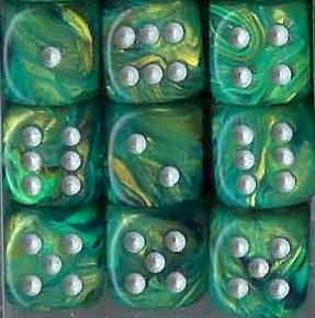 Chessex Dice Sets: Green/Silver Lustrous 12mm d6 (36)