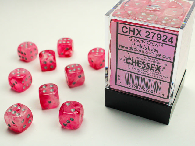 Chessex Dice Sets: Ghostly Glow Pink/Silver12mm d6 (36)