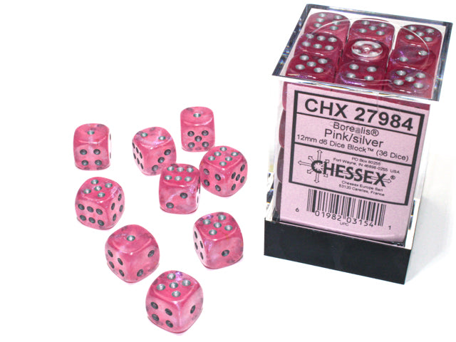 Borealis 12mm d6 Pink/silver Luminary Dice Block (36 dice)