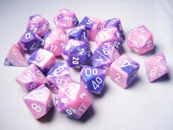 Chessex Bulk Dice Sets: Gemini #6 Pink-Purple/White Polys (20)